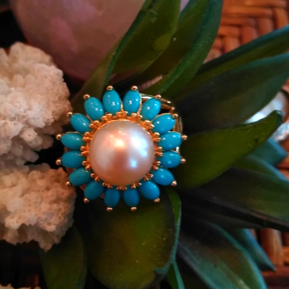 SOUTH SEAS GOLDEN CULTURED PEARL & ARIZONA SLEEPING BEAUTY TURQUOISE RING